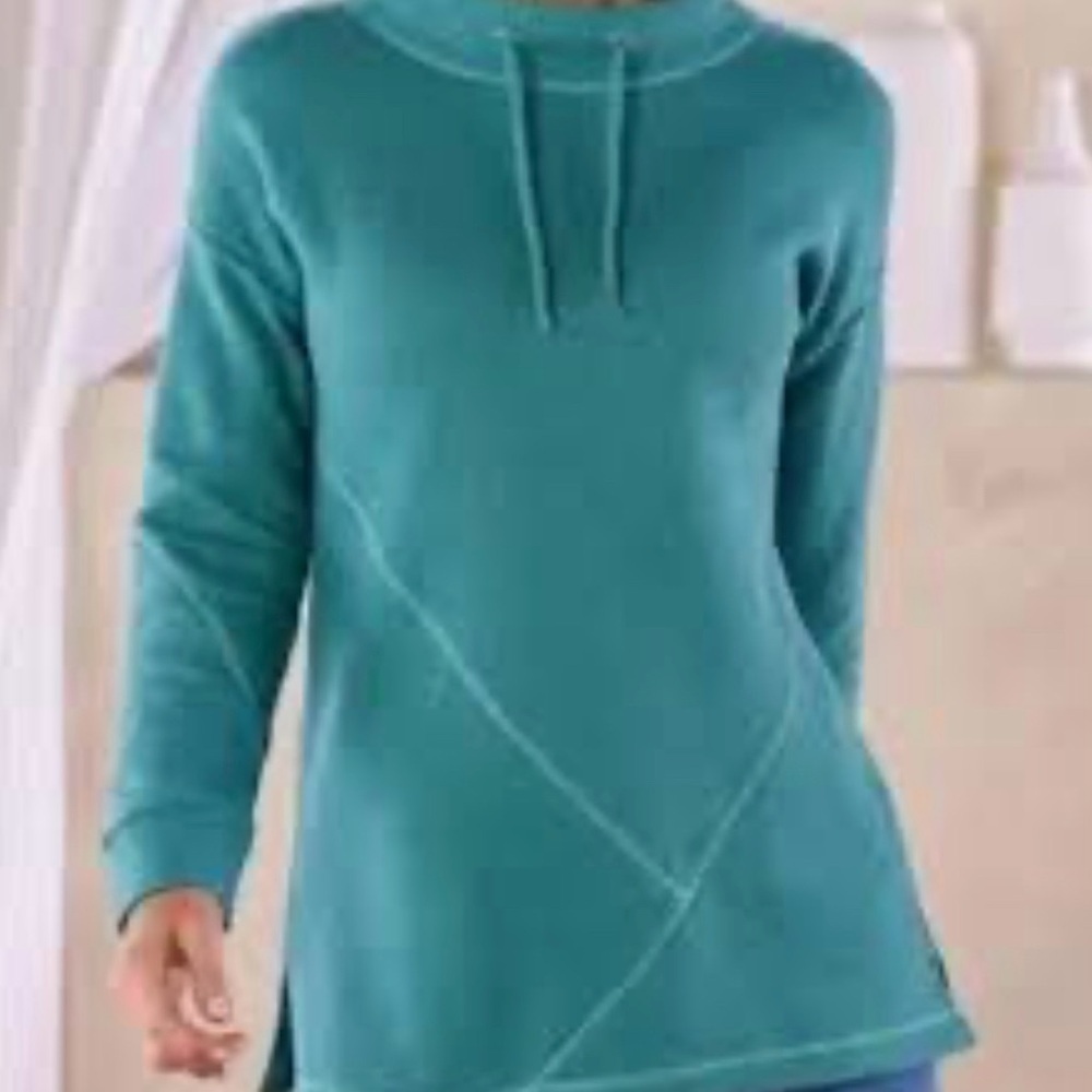 Soft Surroundings Drawstring Neck Tunic Top Size M Cotton Knit Teal Blue - Picture 2 of 10